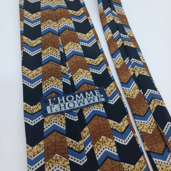 L'Homme 100% Italian Silk Men's Necktie Brown Blue Black Chevron Pattern - Picture 6 of 7